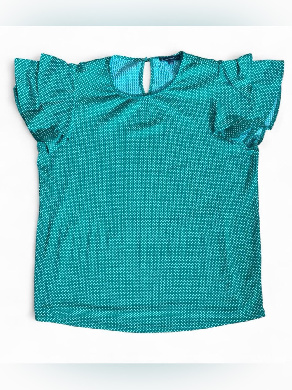 Adrianna Papell green with white polka dot blouse in size S